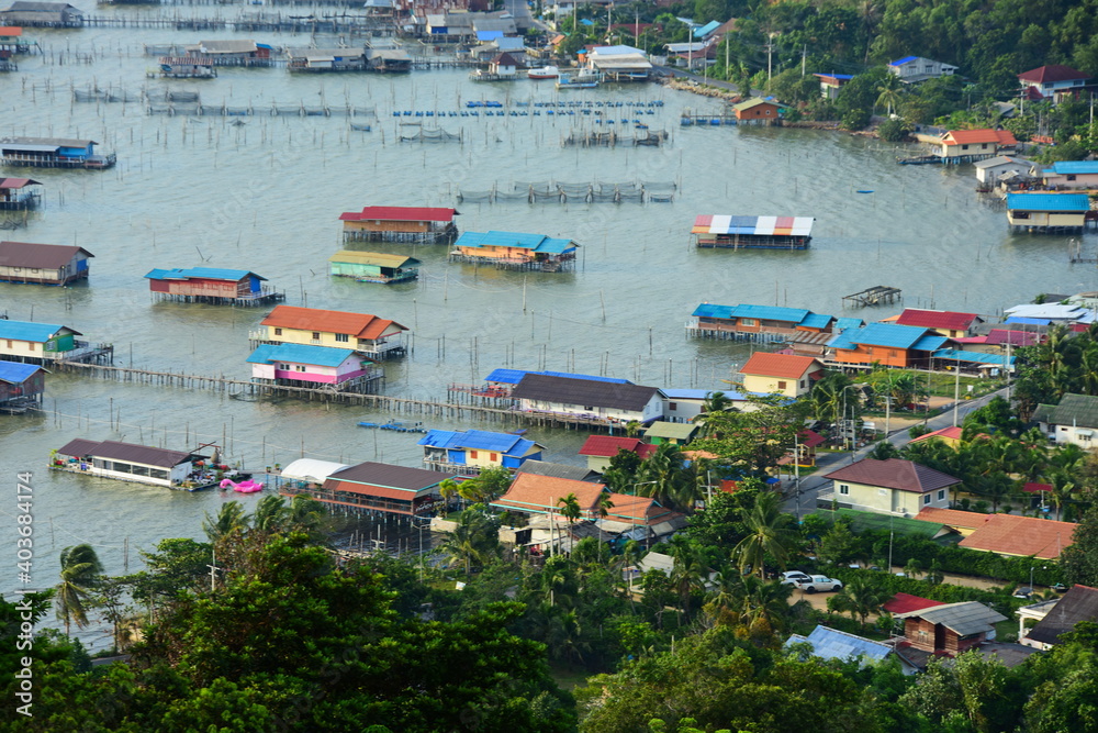 view of the town and the fishing community. From the top of the mountain at the highest point of Koh Yor, Songkhla Province, Thailand