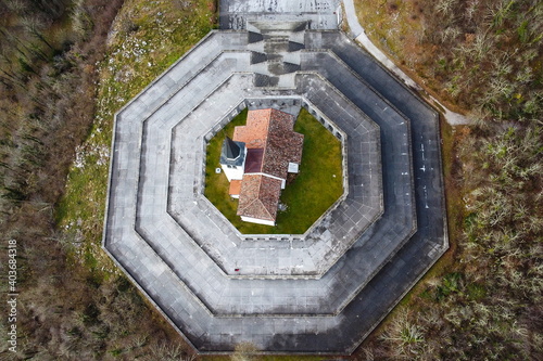 The aerial view of italian military memorial of 1. world war in Caporetto (Karfreit) or Kobarid in Slovenia, Europe photo