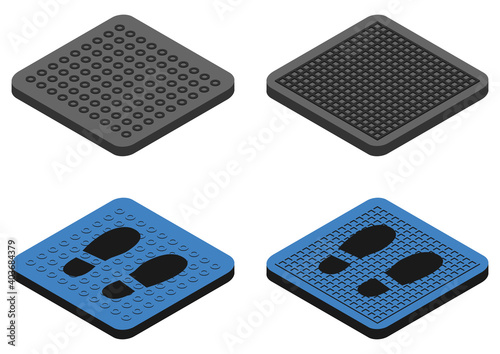 Disinfectant mats. Sanitizing mats in isometric style. Color antibacterial entry rugs. Disinfecting carpets for shoes. Sterile surface. Vector illustration