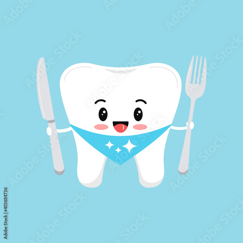 Cute tooth molar with fork and knife. Flat design cartoon style strong dental character vector illustration. Happy white tooth isolated on background. Children teeth hygiene and healthy food concept.