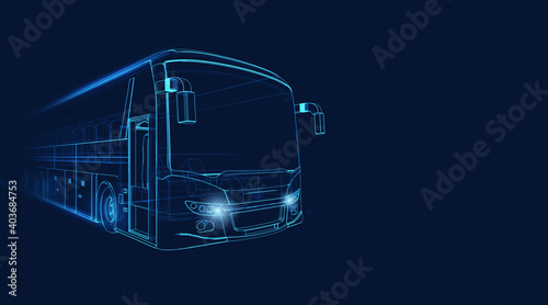 Wireframe of grand tour bus moving fast on a dark blue background photo