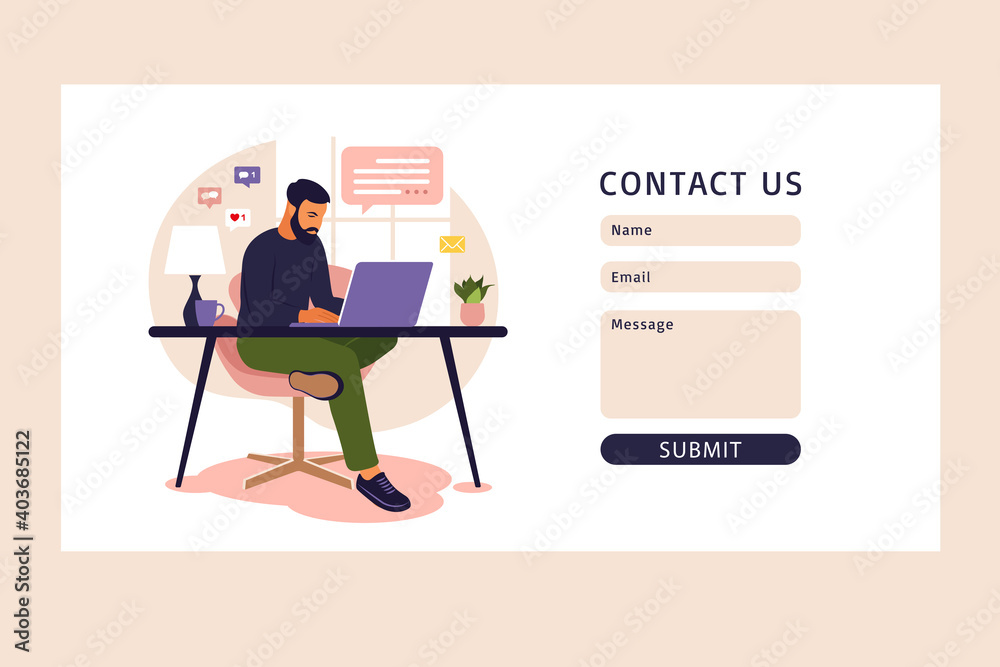 Contact us form template for web. Home office concept, man working from home. Student or freelancer. Freelance or studying concept. Vector illustration. Flat style.