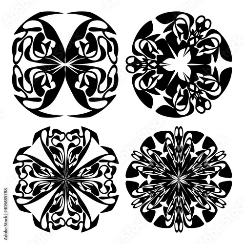 Set of four decorative doodle patterns in monochrome design, circural vintage ornament. Textile ornament elements, wrapping paper print, color is easy to change. Vector design. photo