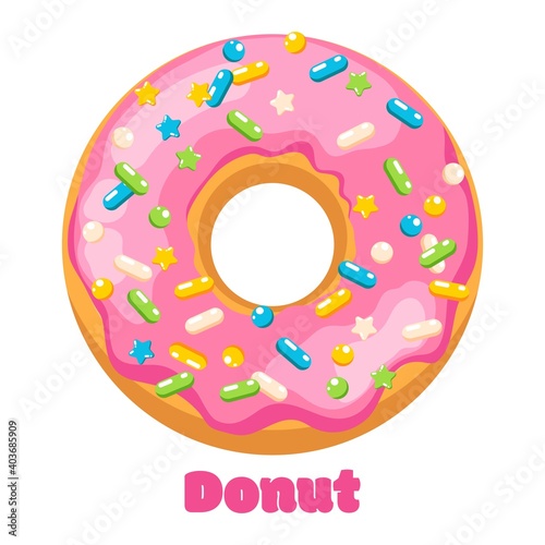 Delicious fresh sweet donut from a pastry bakery. Dessert coated with colored glaze. High-calorie pink strawberry sweet snack. Isolated cartoon illustration