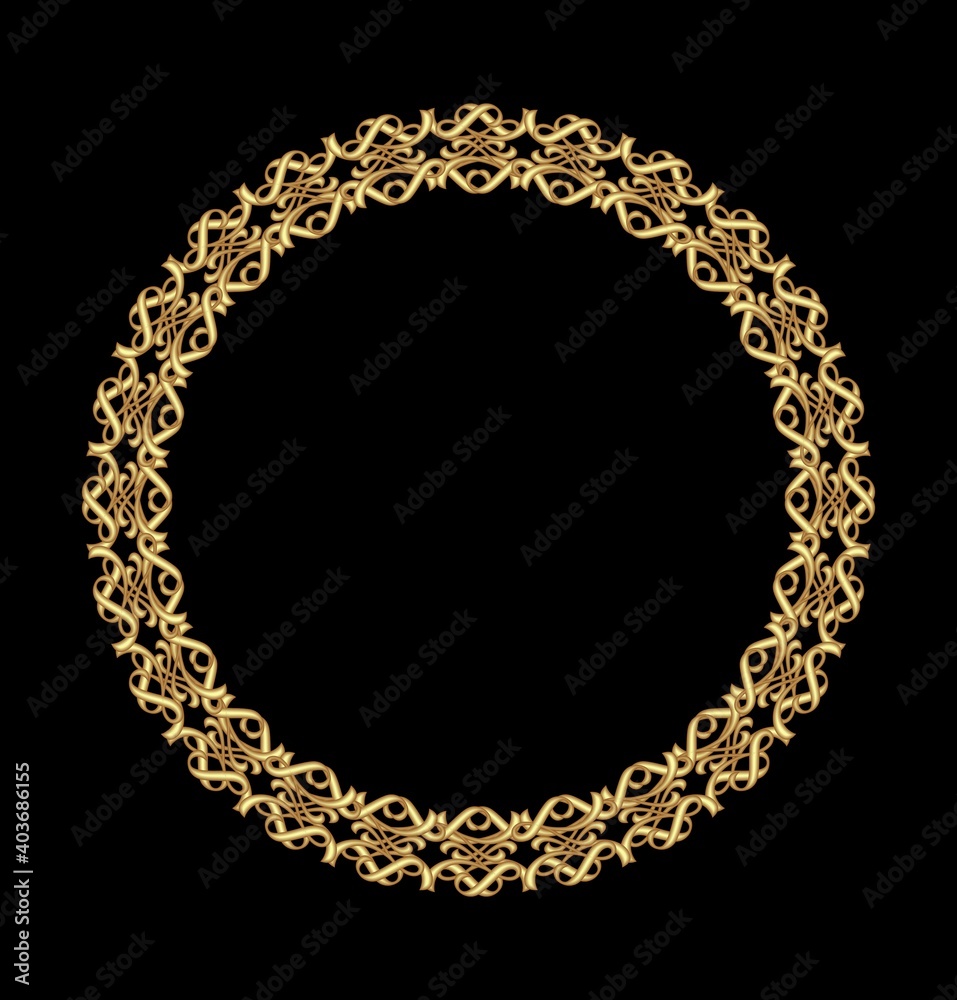 Antique gold frame, circular frame on a black background. Fine brass art deco frame with 3d effect. Vector design. Antique gold frame, circular frame on a black background. Fine brass art deco frame with 3d effect. Vector design.
