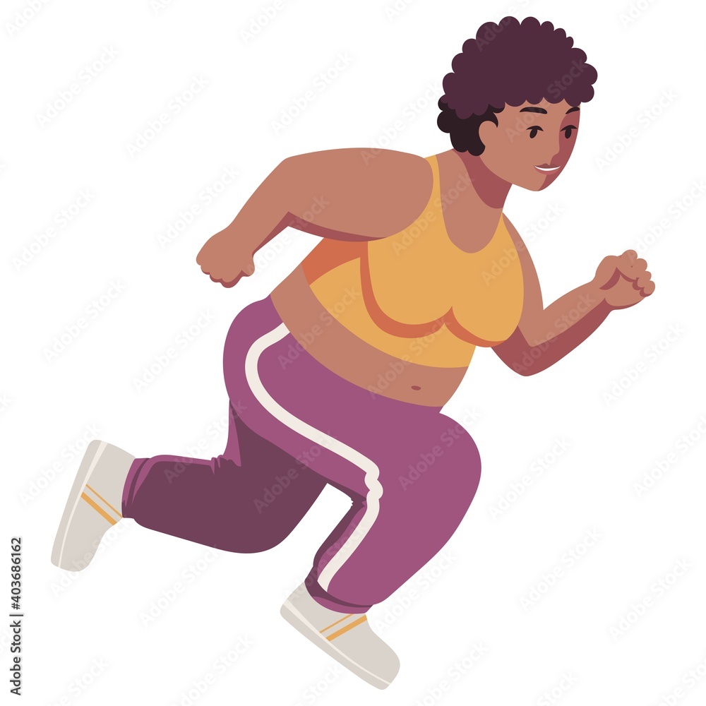 Fat strong black plus size woman with natural hair in cute sportswear. Workout. Exercises. A smiling person runs on a morning jog. Marathon. Sprint. Isolated flat minimal cute cartoon illustration Fat strong black plus size woman with natural hair in cute sportswear. Workout. Exercises. A smiling person runs on a morning jog. Marathon. Sprint. Isolated flat minimal cute cartoon illustration