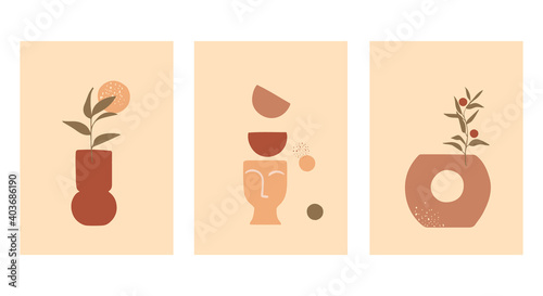 A set of posters with abstract still lifes in pastel colors. Vases of unusual shape in beige tones. Flat modern vector illustration.