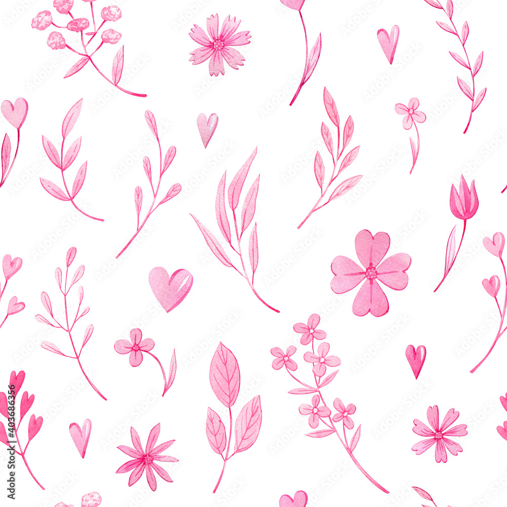 Valentines seamless pattern. Watercolor hand drawn pink pattern with hearts and flowers. Can be used as print, fabric, textile, element design, wrapping paper, wallpapers and so on.