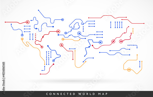 Connected world map abstract technology background vector - connect the world concept lines