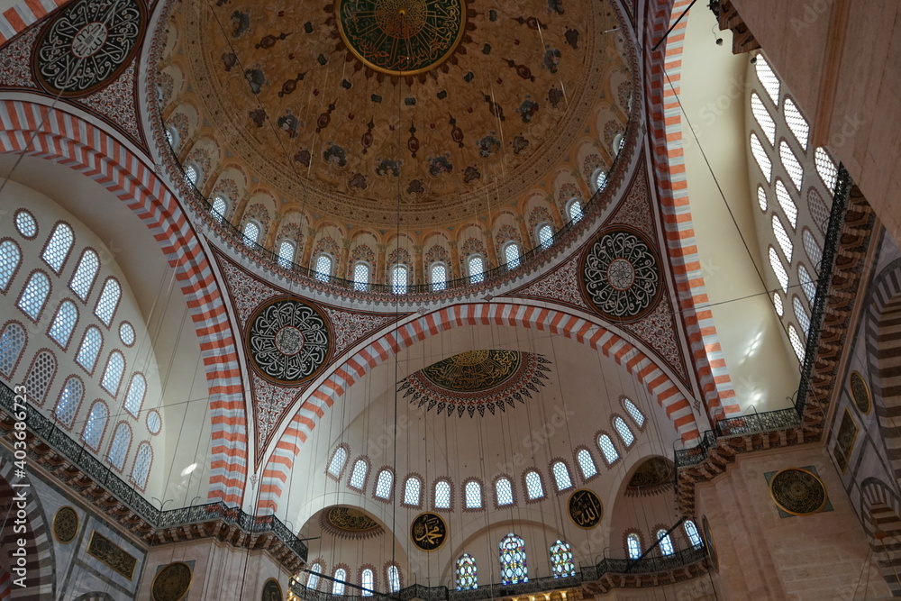 Beautiful interior of Süleymaniye (Suleymaniye) Mosque in Istanbul, Turkey