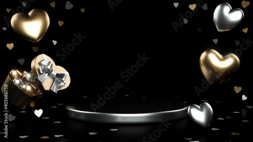 Valentine's Day Background. Pedestal With Heart Gift Box And Golden And Silver Hearts Isolated On Black Background, Empty Space - 3D Illustration