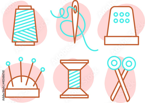Set of colored icons of tools for sewing and needlework. Vector illustration
