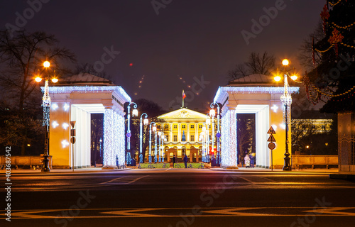 Colonnades of propylaea and the central portico of Smolny in the evening, with New Year decorations. St. Petersburg. Russia photo