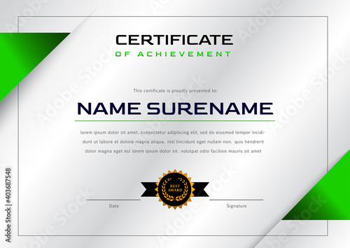 minimal green certificate of achievement template. certificate design for gaming or sport tournament and competition