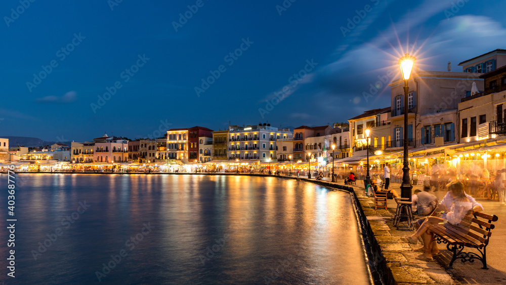 Picturesque old port of Chania. Landmarks of Crete island. Greece. Bay of Chania at sunny summer day, Crete Greece. View of the old port of Chania, Crete, Greece. The port of chania, or Hania.