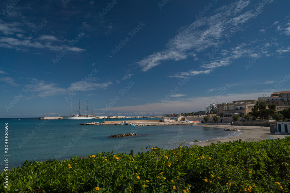 Historic ship in the harbor in Polignano a Mare Puglia Italy Historic ship in the harbor in Polignano a Mare Puglia Italy