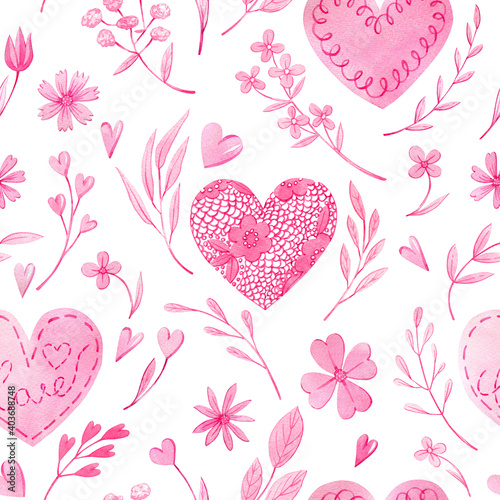 Valentines seamless pattern. Watercolor hand drawn pink pattern with hearts and flowers. Can be used as print  fabric  textile  element design  wrapping paper  wallpapers and so on.