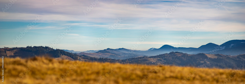 Panorama of the Carpathian mountains in the fog