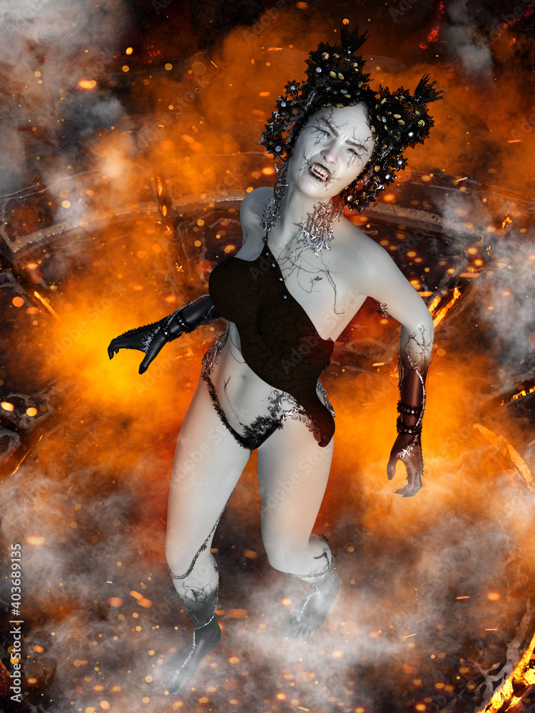 Obraz premium A 3d digital render of a fantasy woman, dark fairy or vampire, in a ring of fire.