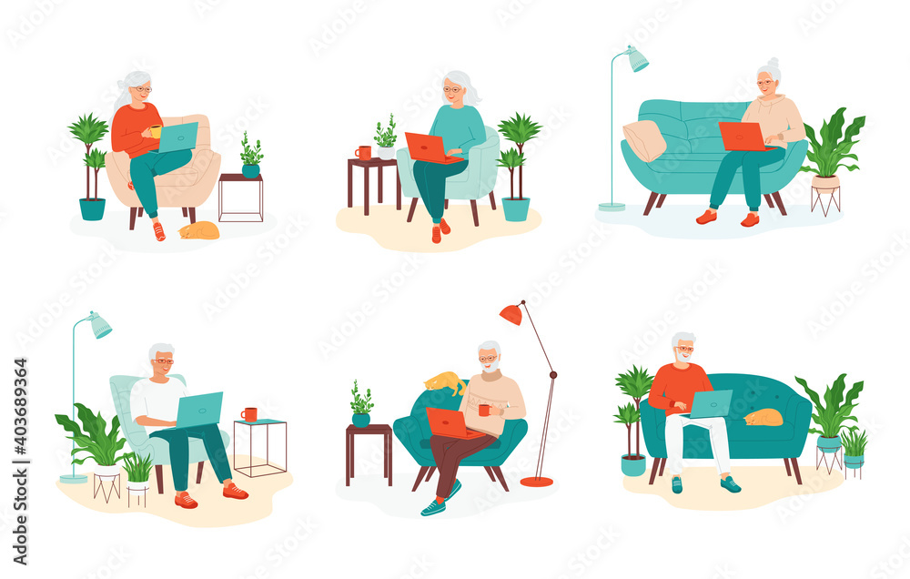 Gray-haired senior woman, man sitting with laptop. Concept of using a computer by the elderly in retirement. Employees work remotely, freelance, teaching. Collection of vector illustrations