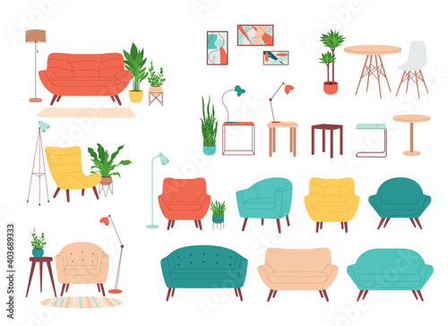 A set of furniture for a living room or office. Sofa, armchair, lamp, table, houseplants. Items for apartment design. Vector illustration isolated on white.