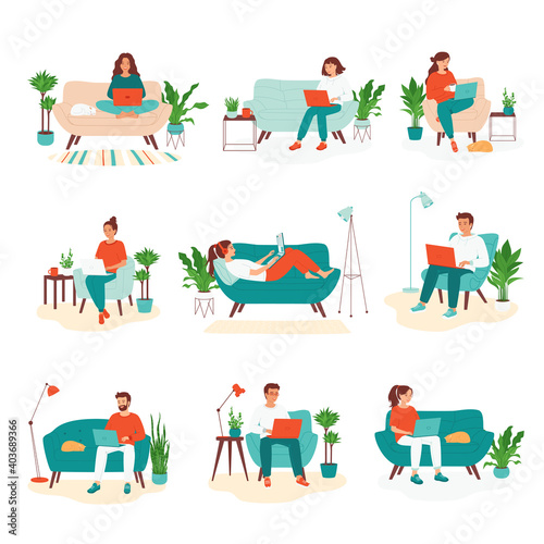Young woman, man sitting with laptop. Home office work concept, freelance, distance education, e-learning. Employees work remotely. Collection of vector illustrations in flat cartoon style