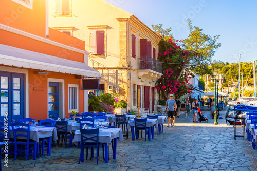 Fiskardo village, Kefalonia island, Greece. Fiscardo on the Island of Kefalonia in Greece. The holiday destination. Beautiful narrow streets in Fiskardo, Kefalonia, Greece