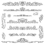 Collection of vector vintage elements for design of pages, cards, invitations. Drawn horizontal borders, texts dividers, cartouches. Sketches, the engraving style. Historical style, Baroque.