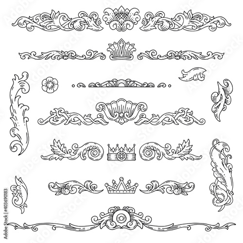 Collection of vector vintage elements for design of pages, cards, invitations. Drawn horizontal borders, texts dividers, cartouches. Sketches, the engraving style. Historical style, Baroque.