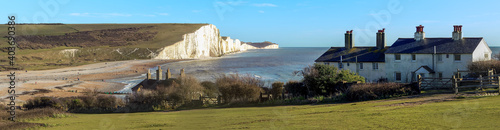 A panorama view of the Seven Sisters Chalk cliffs and Cuckmere Haven in Sussex, UK