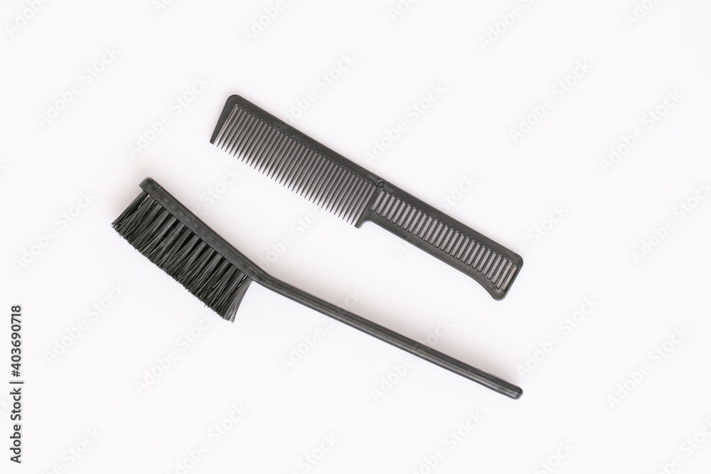 set barber tools flat comb hair, brushes on white background set barber tools flat comb hair, brushes on white background
