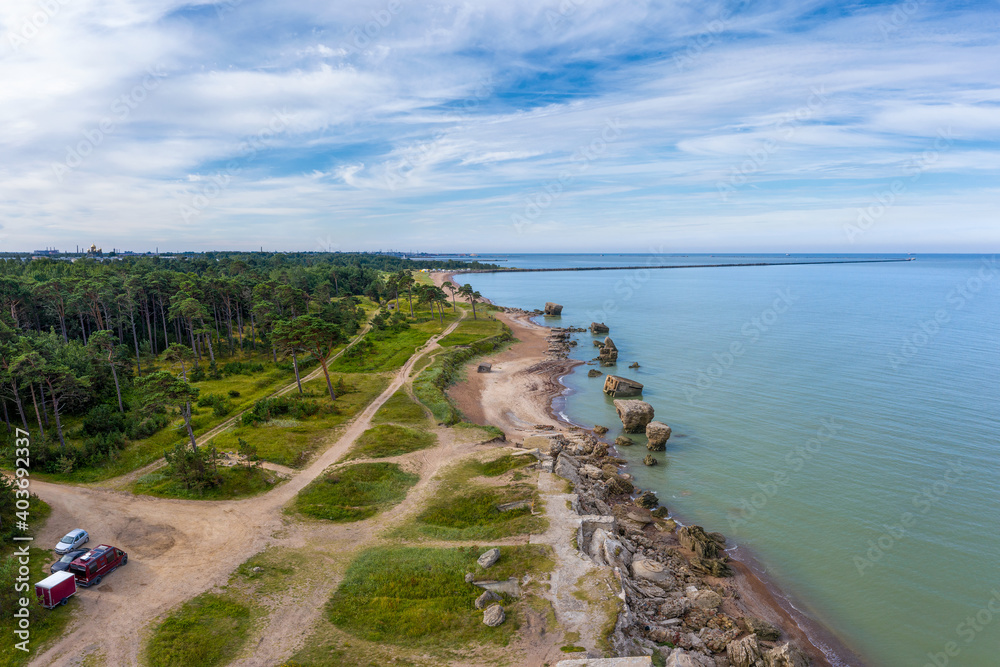 Obraz premium Aerial view of the Karosta coast littered with abandoned fortifications of tsarist Russia. Liepaja, Latvia.