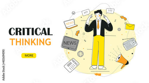 Critical thinking, Vector flat graphic design. News filter, flat vector landing page template.