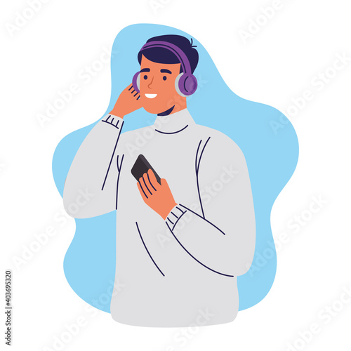 young man using smartphone listening music character vector illustration design