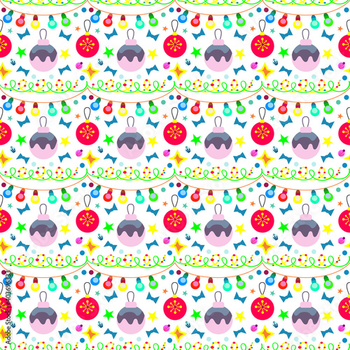 Seamless Christmas background from colored garlands and Christmas tree decorations.
