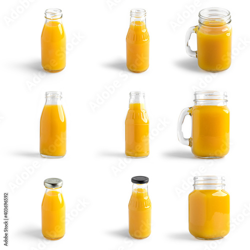 Orange juice in bottle on a white background.