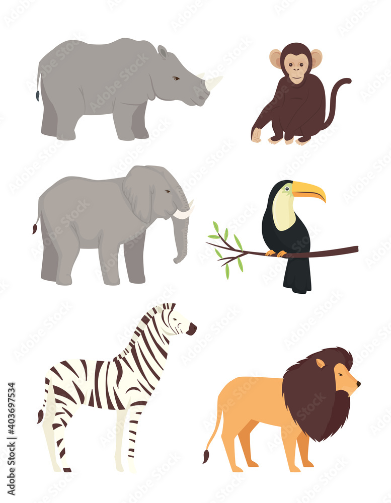 Fototapeta premium bundle of six animals wild set icons vector illustration design