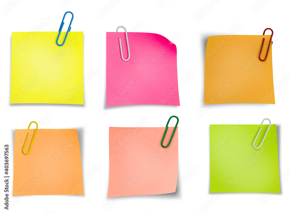 Stickers for notes with paper clips on isolated white background Stickers for notes with paper clips on isolated white background