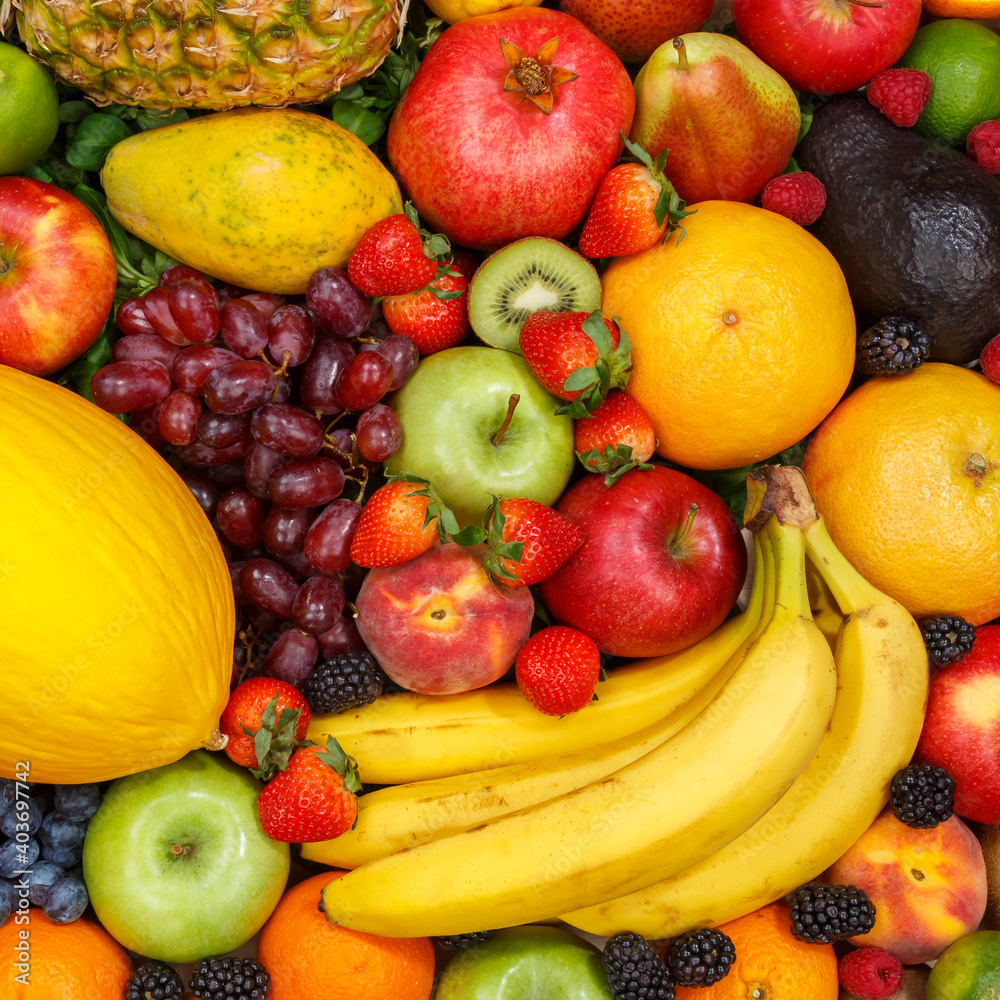 Food background fruits collection apples berries banana square oranges fruit Food background fruits collection apples berries banana square oranges fruit