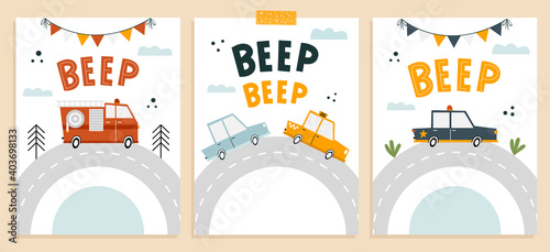 Posters with simple childish, cartoon style cars and lettering  Beep beep. Hand drawn geometric car, police car, fire truck, flags, road and letters. For nursery posters, cards, boys bedroom decor.
