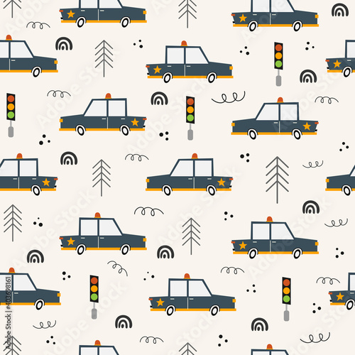 Cartoon style transportation seamless pattern for kids. Hand drawn geometric police cars, traffic lights, rainbow and trees. Perfect for kids, nursery fabrics, textile, background, decoration.