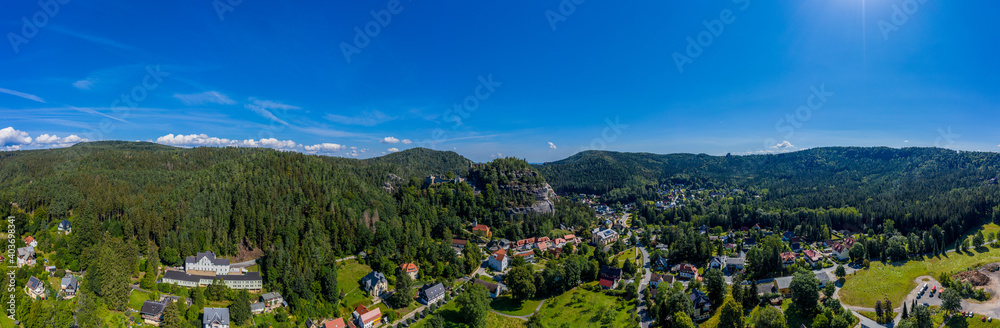 Panoramic view of Mount Oybin and the ruins of the monastery church and the castle, Germany. Drone photography