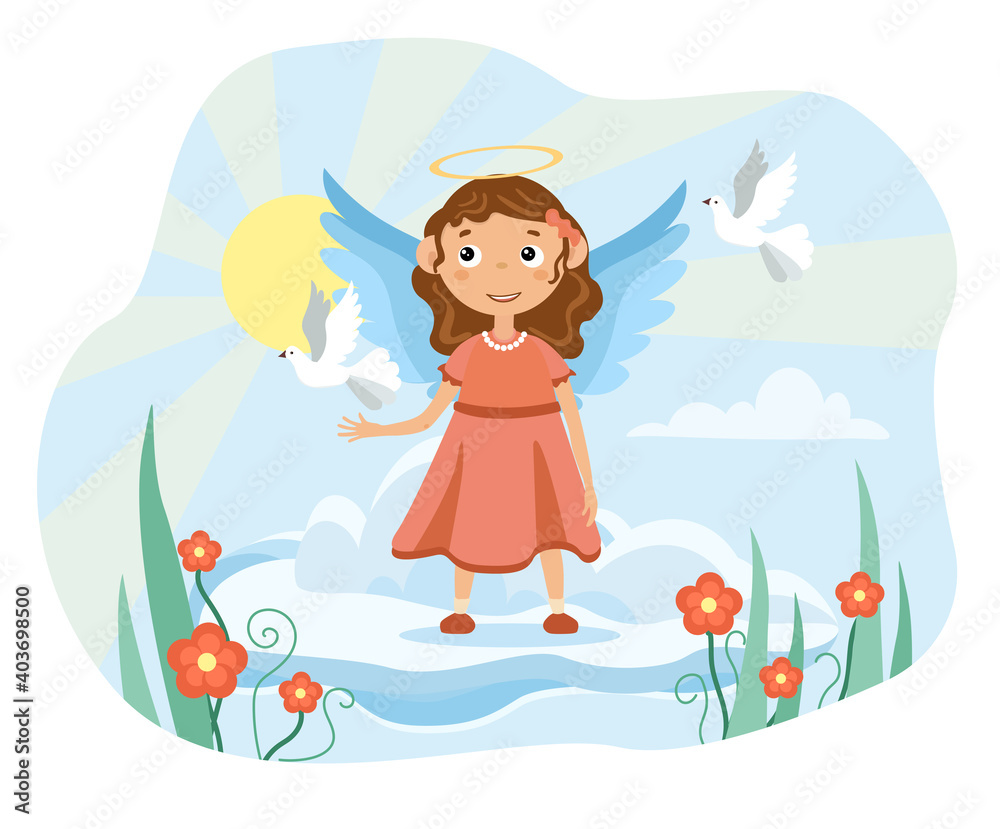 Cute little baby angel with open wings floating on a cloud above summer flowers, cartoon colored vector illustration Cute little baby angel with open wings floating on a cloud above summer flowers, cartoon colored vector illustration