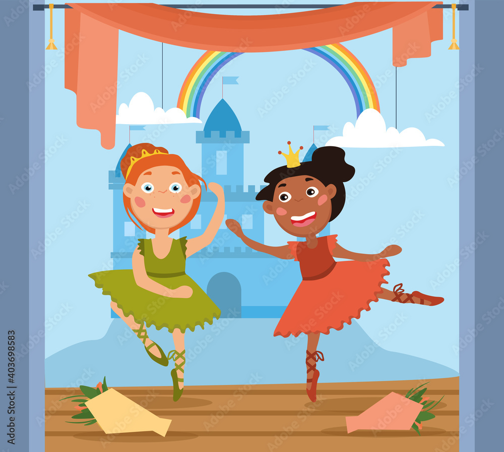 Two cute little girls dancing in a ballet performance on a stage with