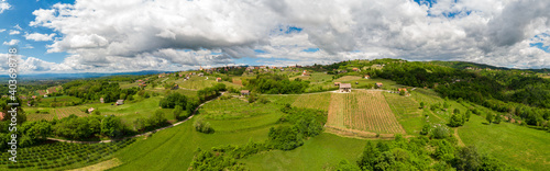 Picturesque aerial panorama of spring countryside on a sunny day.