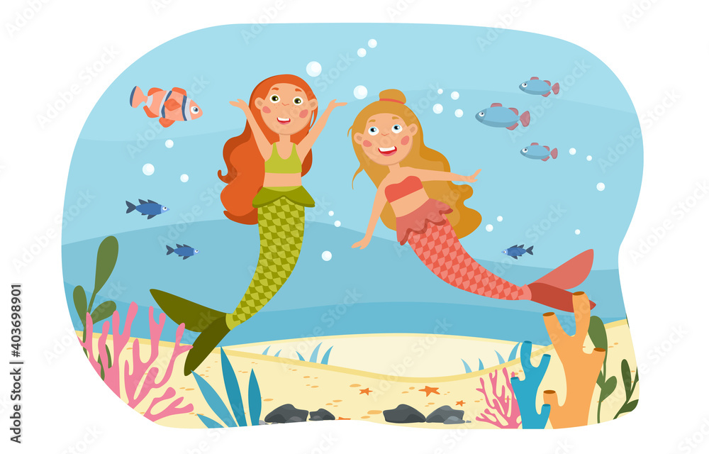 Fototapeta premium Happy little mythical mermaids under the ocean laughing and chatting amongst the coral, colored cartoon vector illustration