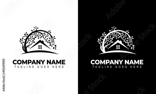 Home And Tree Nature Logo Template Design Vector, Emblem, Design Concept, Creative Symbol, Icon
