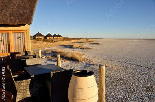 From the Veranda of the Onkoshi Camp the guests have a breathtaking view over the Etosha Saltpans photo