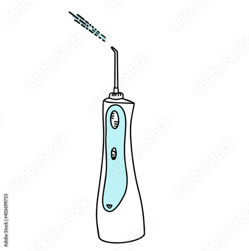 Oral irrigator isolated on white background. Doodle vector illustration in cartoon style. Healthy teeth, tooth decay prevention concept. Oral hygiene device. Decorative design element. logo