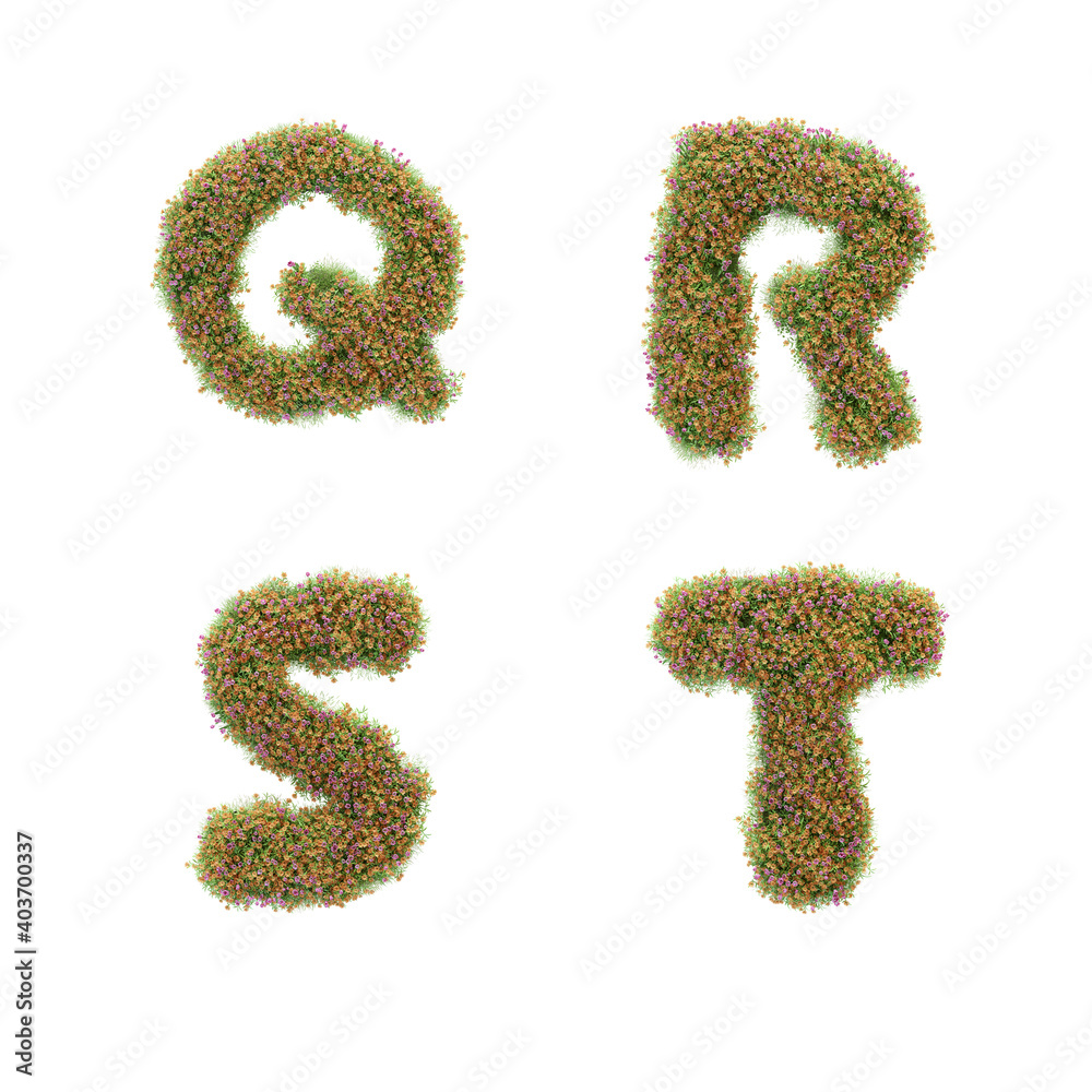 3D letter alphabet covered with grass and spring flowers - letters Q-T 3D letter alphabet covered with grass and spring flowers - letters Q-T